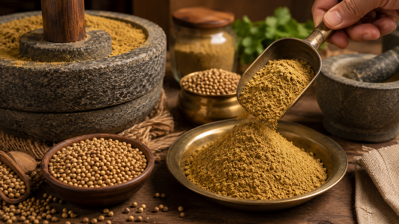 Freshly ground dhania powder being scooped or packed