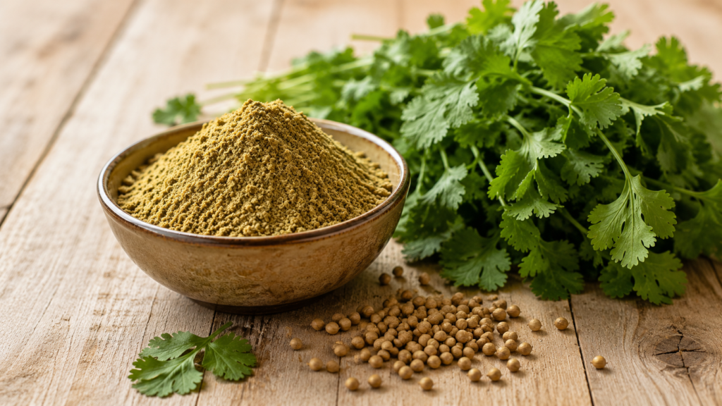 coriander powder dhania benefits with fresh coriander and seeds.