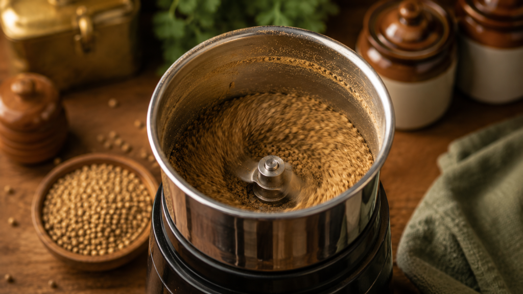 grinding coriander seeds into fresh dhania powder.