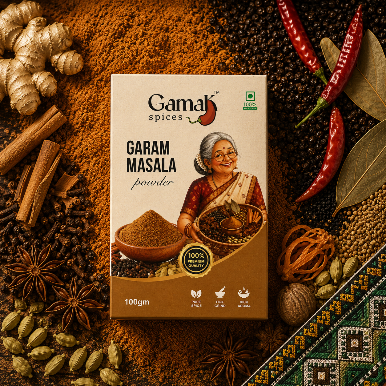 Gamak Spices garam masala powder box - pure, no artificial colour, made in Kanpur