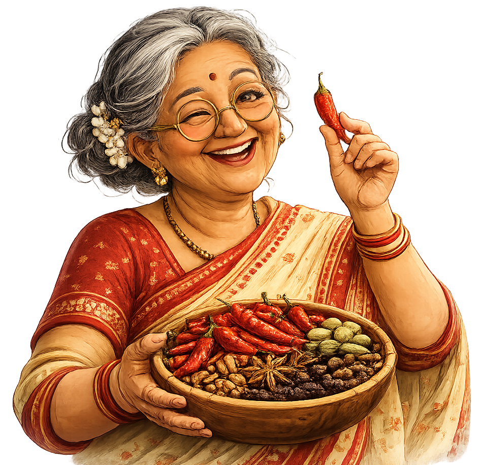 Gamak Spices mascot - grandmother holding a bowl of whole spices and a red chilli