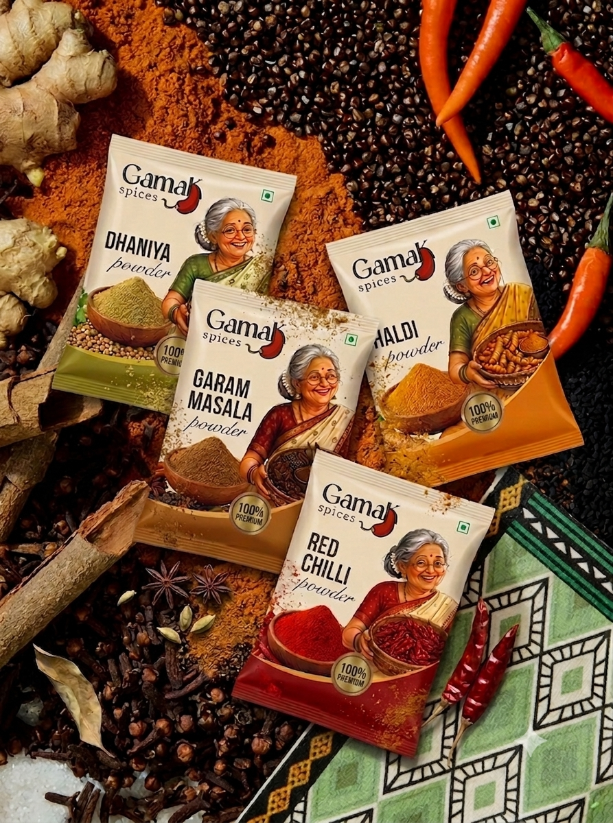Gamak Spices masala range - dhaniya, garam masala, haldi and red chilli powder from Kanpur