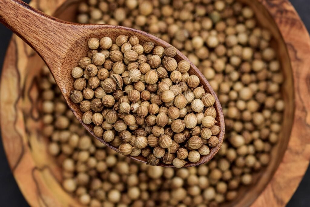 coriander powder (dhania powder) in a bowl with coriander seeds