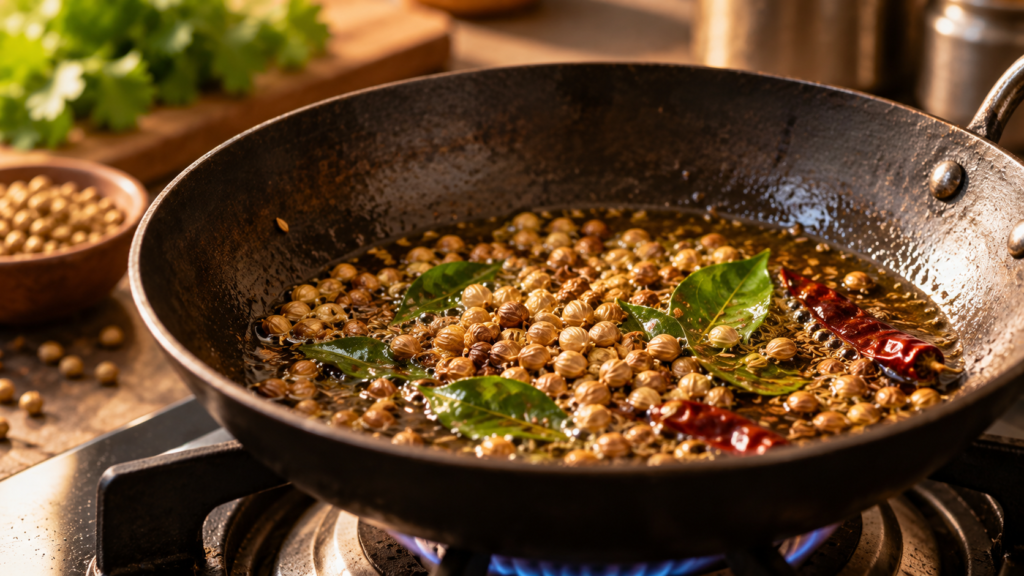 whole coriander seeds tempered in oil for tadka.