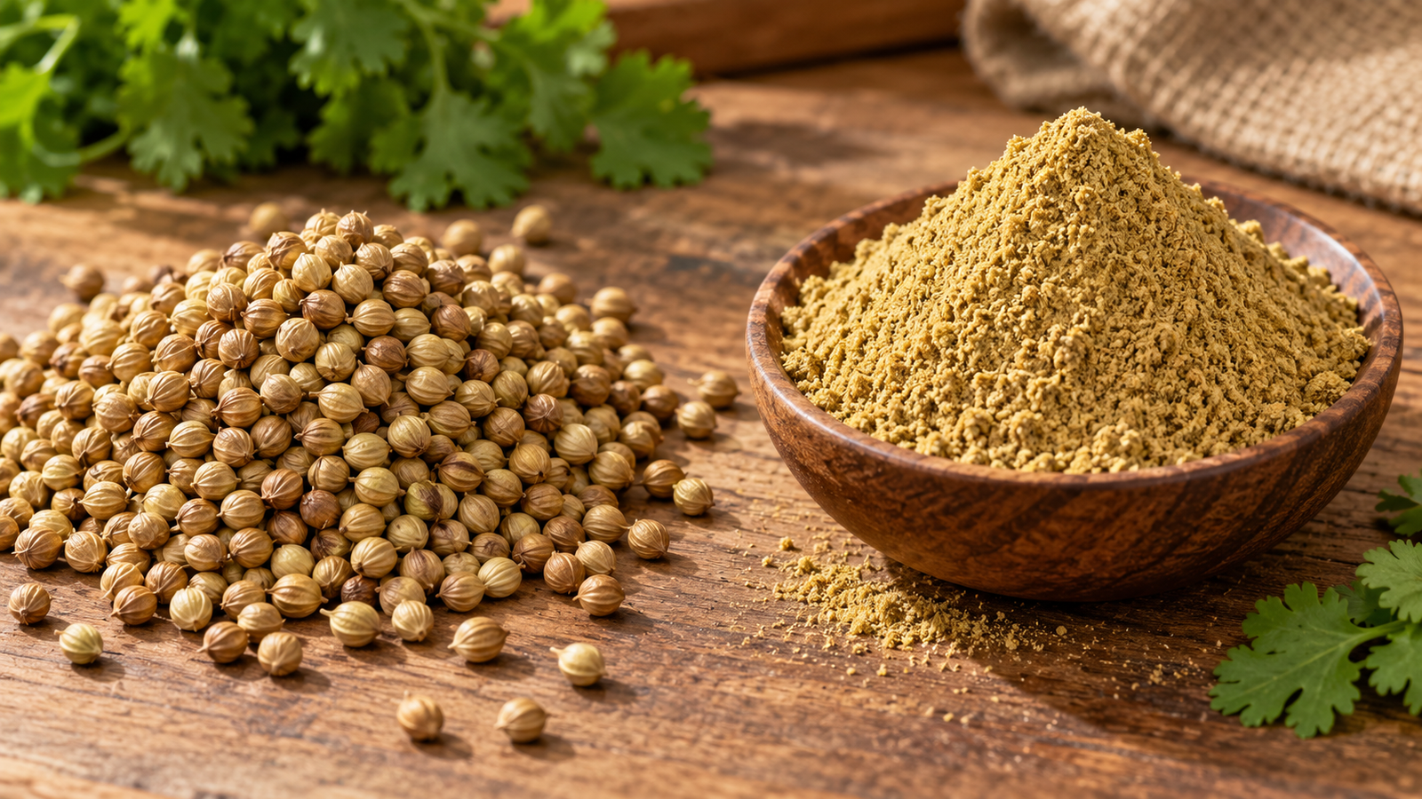 coriander powder vs coriander seeds side by side comparison.