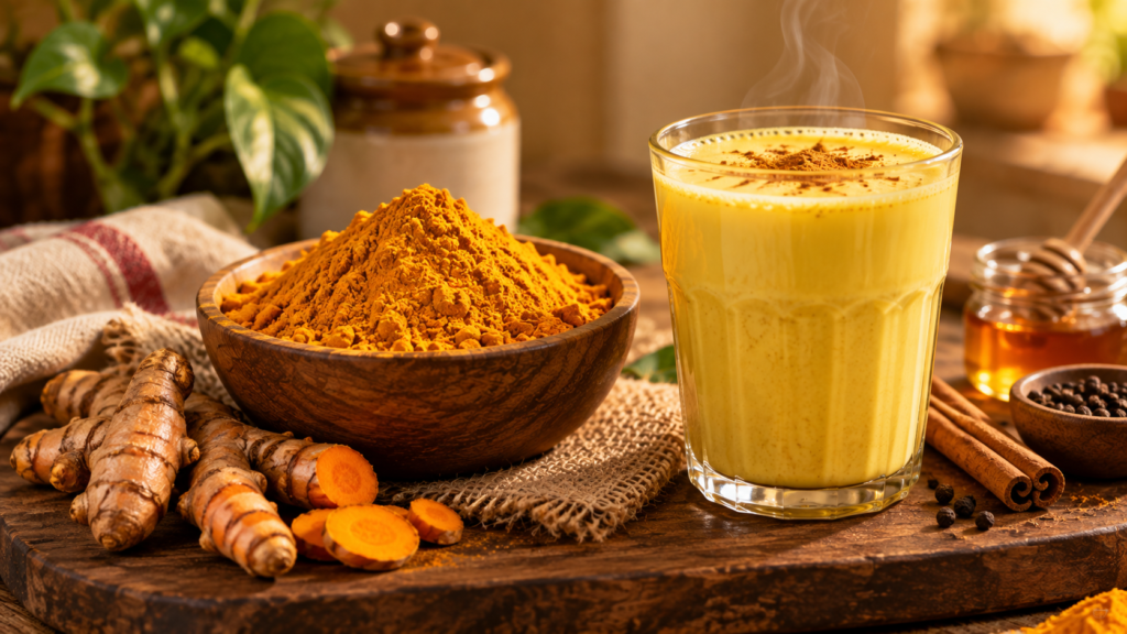 haldi turmeric benefits with turmeric roots and haldi doodh.